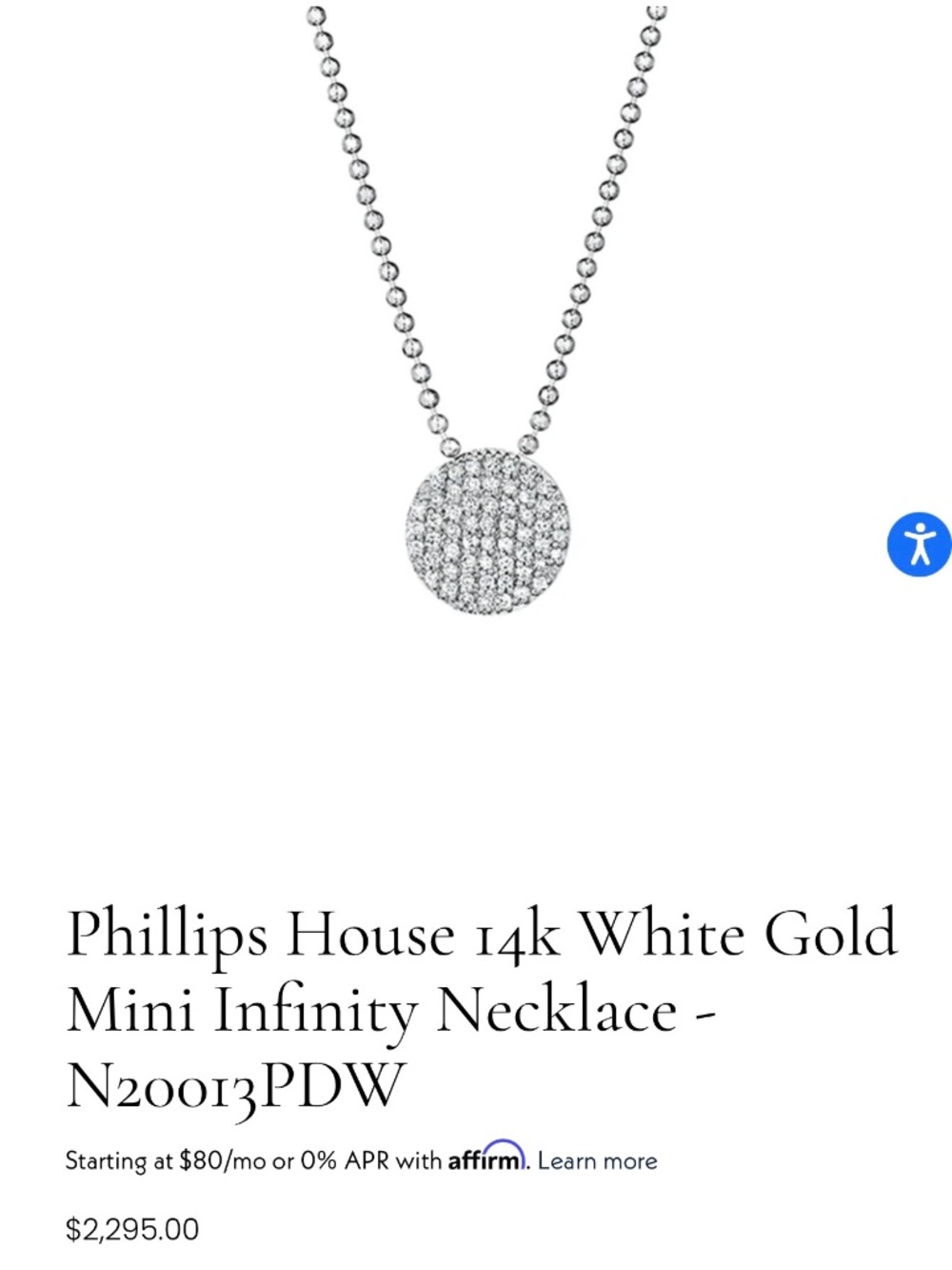 Phillips House 14k White Gold Diamond Mini Infinity Necklace – Brand New in Box